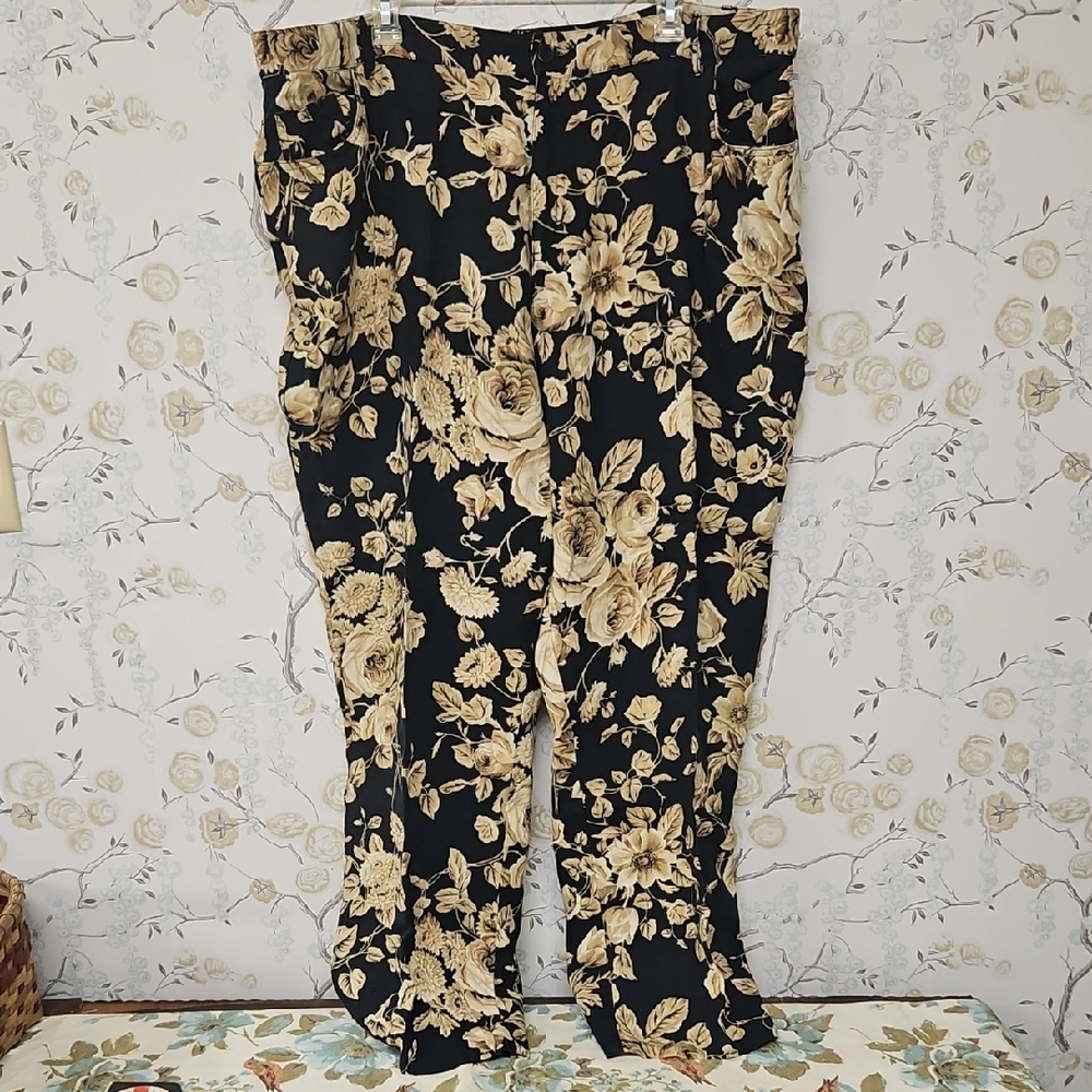 RALPH LAUREN 100% LINEN BLACK/BEIGE FLORAL PANTS WOMENS SIZE 22